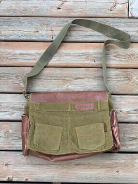Vintage Y2K Gasoline Crossbody Messenger Bag Green Corduroy Brown Faux Leather